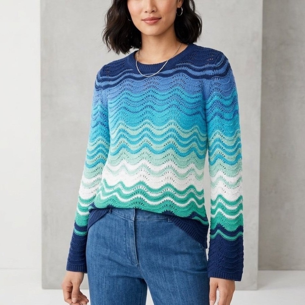 Talbots Petite Blue Green Ombre Wave Pointelle Knit Sweater boho layering SP